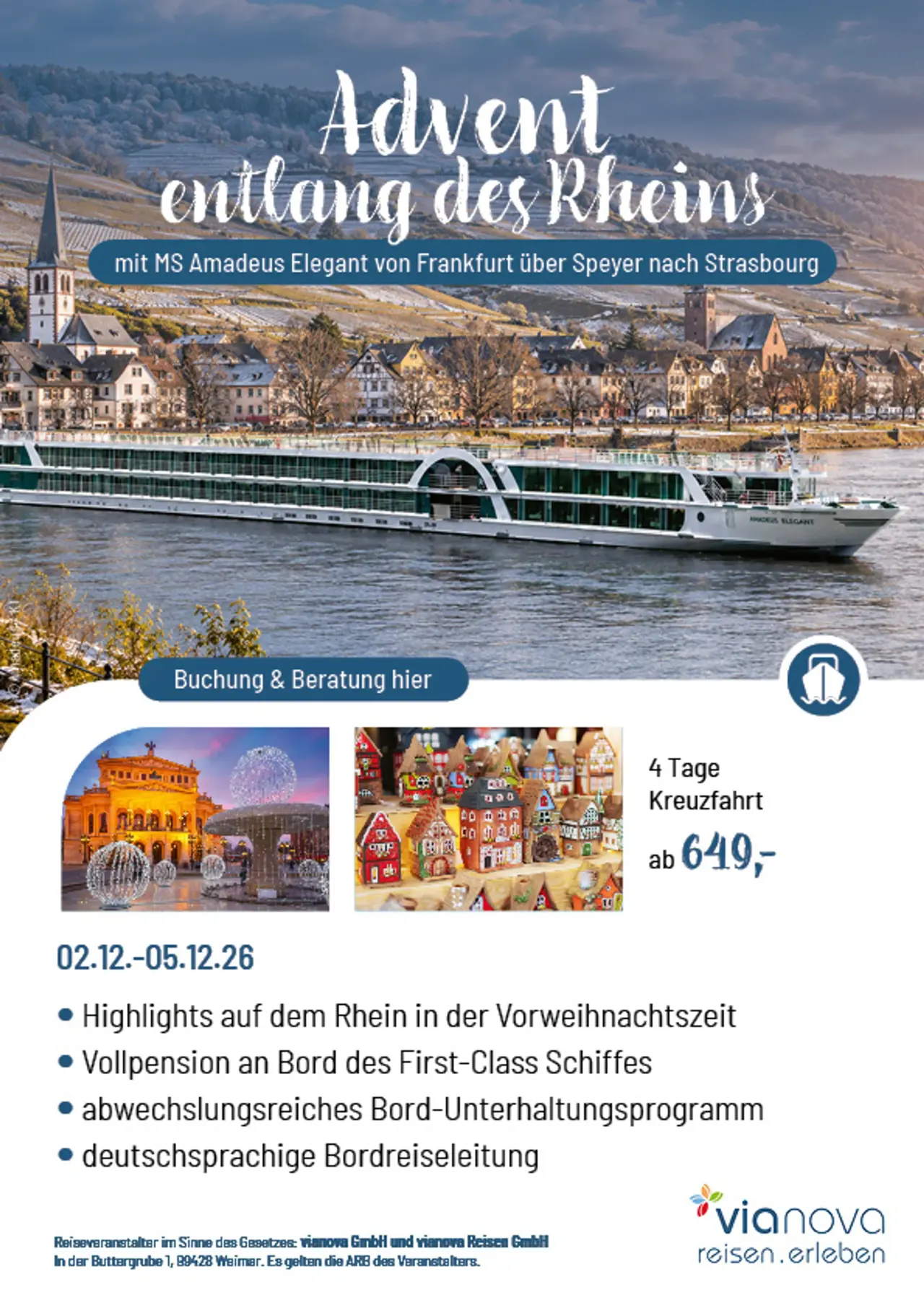 Flyer MS Amadeus Elegant Advent Rhein Frankfurt Strasbourg Speyer