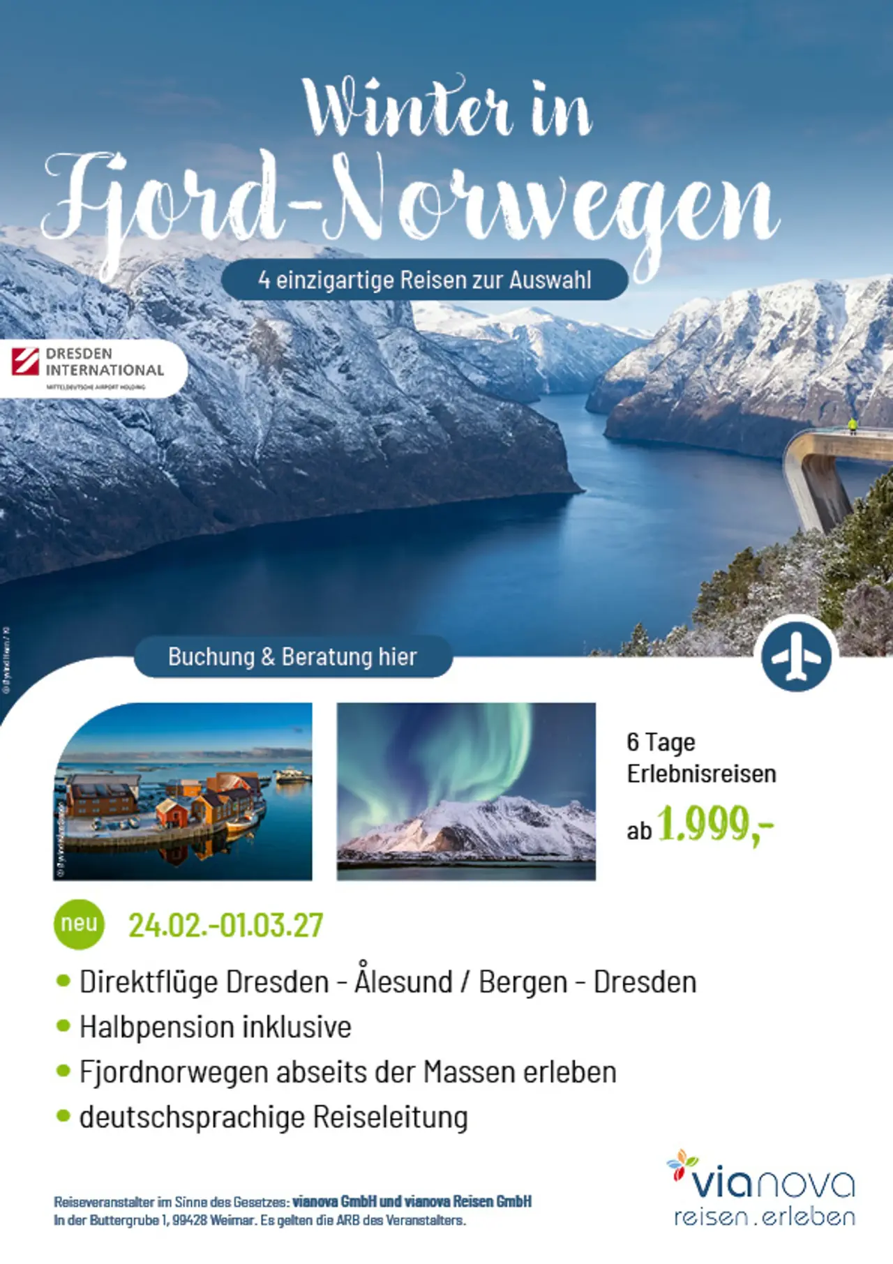 Aurlandsfjord, Häuser Südnorwegen, Polarlichter Winterreise 2027 ab Dresden