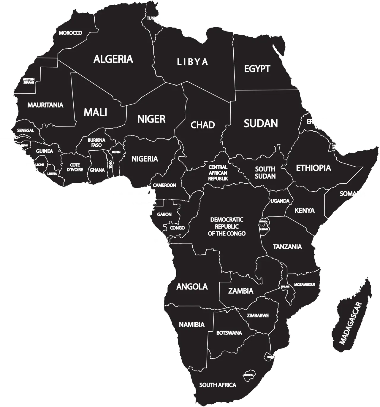 Länderkarte von Afrika mit Einzeichnung der Ländernamen und Grenzen